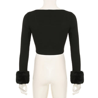 Fur patchwork design square collar slim top