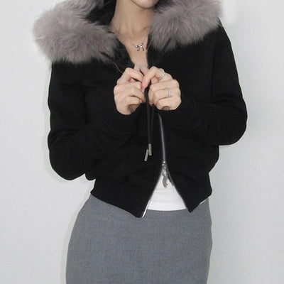 Detachable fur patchwork hooded zipper