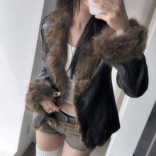 Fur collar stitching leather jacket
