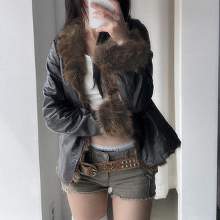 Fur collar stitching leather jacket