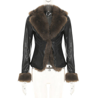 Fur collar stitching leather jacket