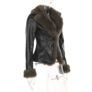 Fur collar stitching leather jacket