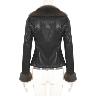 Fur collar stitching leather jacket