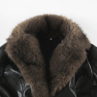 Fur collar stitching leather jacket