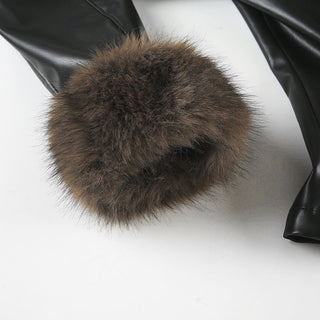 Fur collar stitching leather jacket