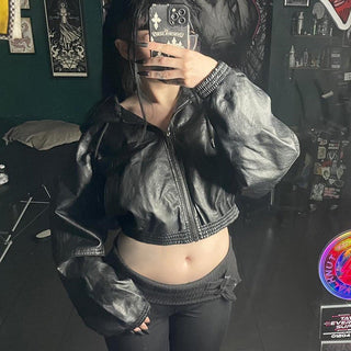 Loose waist hooded leather crop jacket