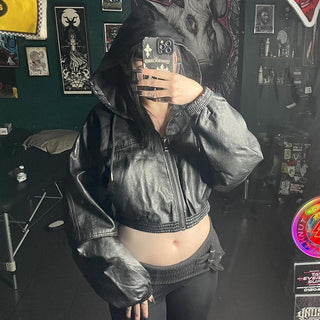 Loose waist hooded leather crop jacket