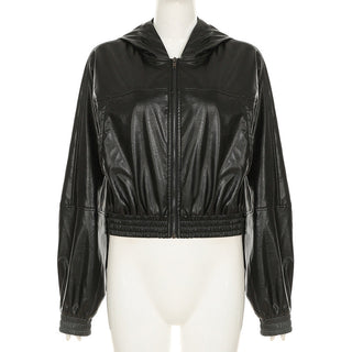 Loose waist hooded leather crop jacket