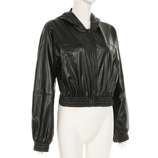 Loose waist hooded leather crop jacket