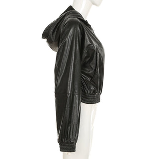 Loose waist hooded leather crop jacket