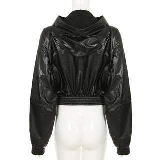Loose waist hooded leather crop jacket