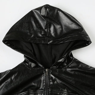 Loose waist hooded leather crop jacket