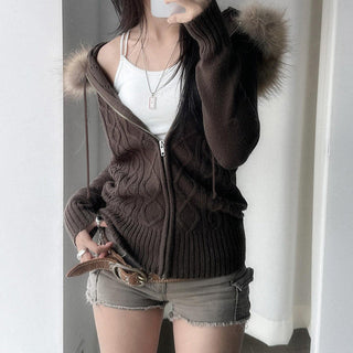 Furry Hooded Knitted Jacket