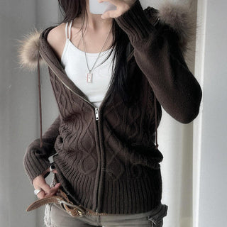 Furry Hooded Knitted Jacket