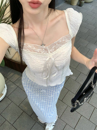 blue lace top skirt