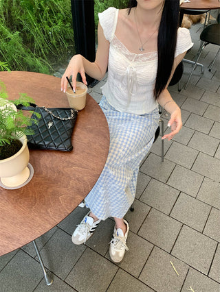 blue lace top skirt