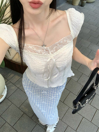 blue lace top skirt