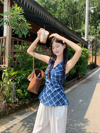 denim plaid hollow vest
