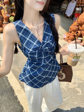 denim plaid hollow vest