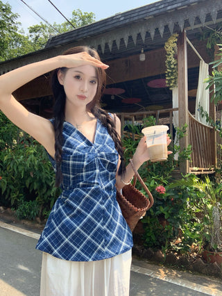 denim plaid hollow vest