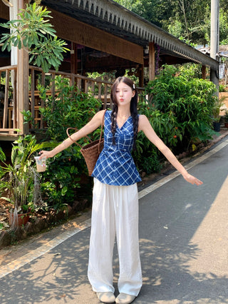 denim plaid hollow vest
