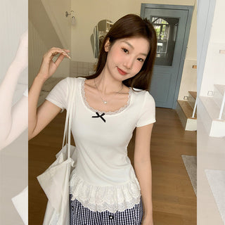 bow lace patchwork top