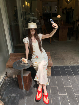 embroidered flower tea dress