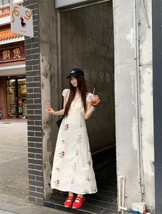 embroidered flower tea dress