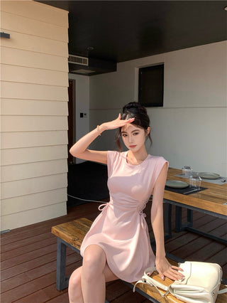 pink lace-up A-skirt Dress