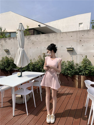 pink lace-up A-skirt Dress