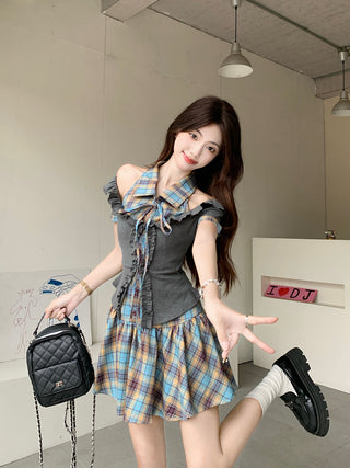 tie-neck plaid slip dress