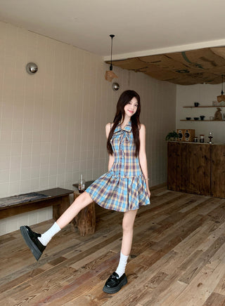 tie-neck plaid slip dress