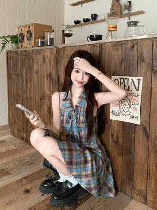 tie-neck plaid slip dress