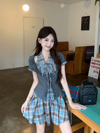 tie-neck plaid slip dress