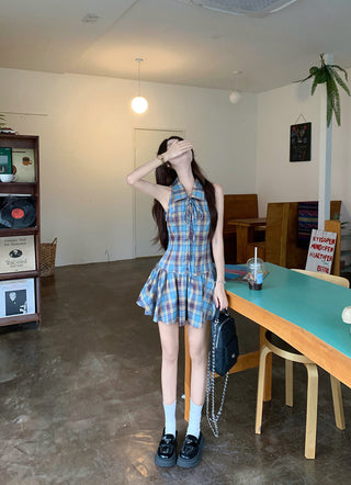 tie-neck plaid slip dress