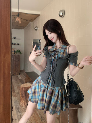 tie-neck plaid slip dress