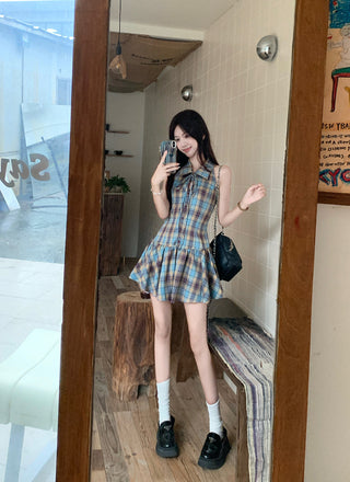 tie-neck plaid slip dress