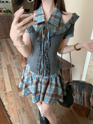 tie-neck plaid slip dress