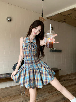 tie-neck plaid slip dress