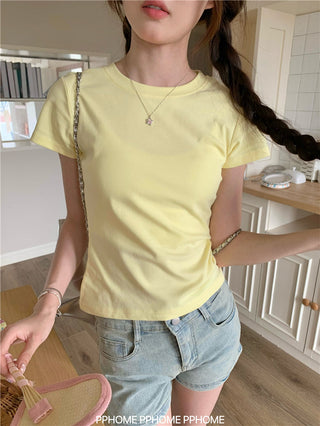 gray round-collar tee top