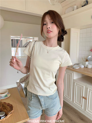 gray round-collar tee top