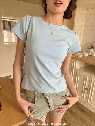 gray round-collar tee top