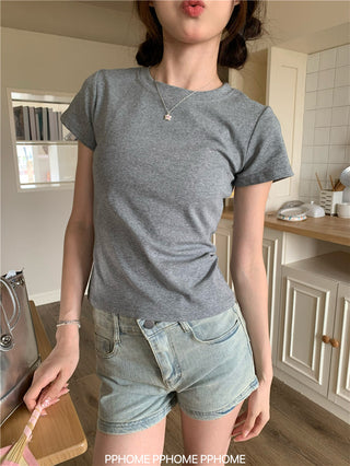 gray round-collar tee top