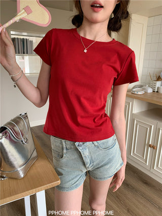 gray round-collar tee top