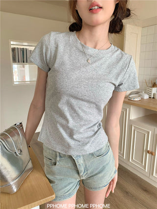 gray round-collar tee top