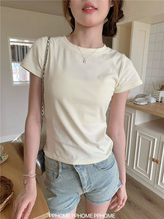 gray round-collar tee top