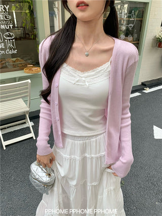bow embroidery waist Cardigan