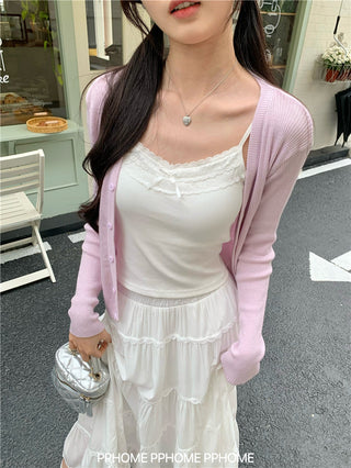 bow embroidery waist Cardigan
