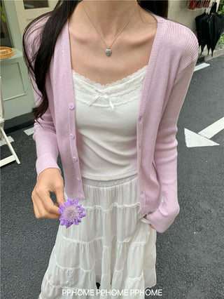 bow embroidery waist Cardigan