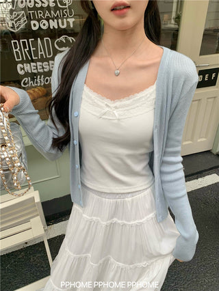bow embroidery waist Cardigan